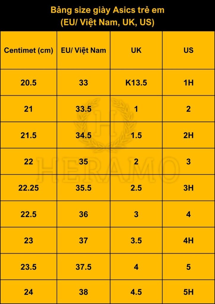 Bảng quy đổi size giày asics đối với trẻ em