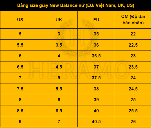 Size giày new balance nữ