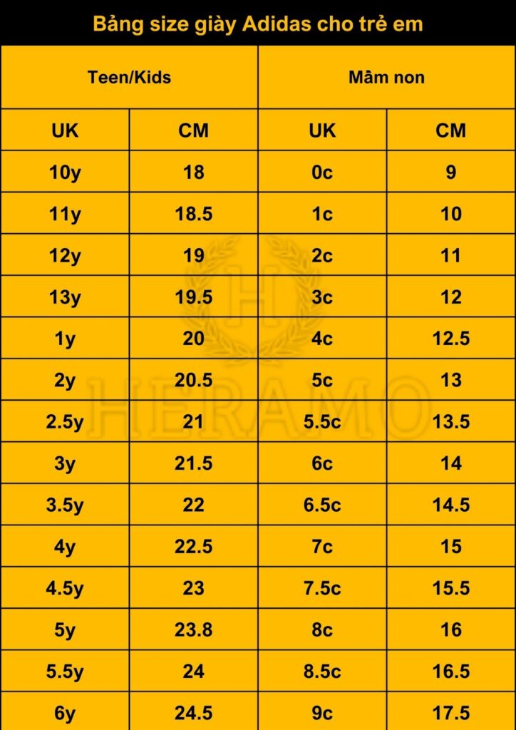 Bảng size giày adiads trẻ em